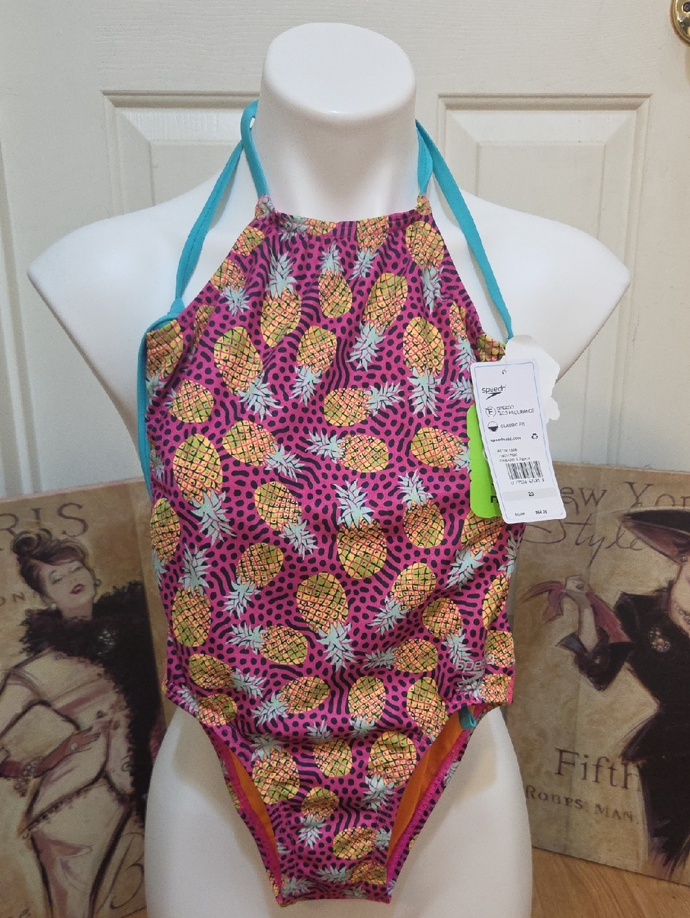 Speedo Girls Hot Pink Pineapple Halter One-Piece with Turquoise Straps